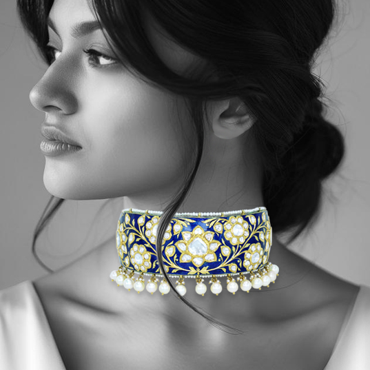 Choker with Blue Enamel, Polki Florals, and Pearl Border